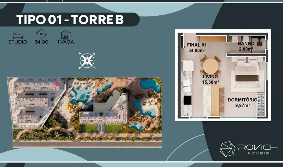 Tipo 01 · Torre B · studio · 34 m²