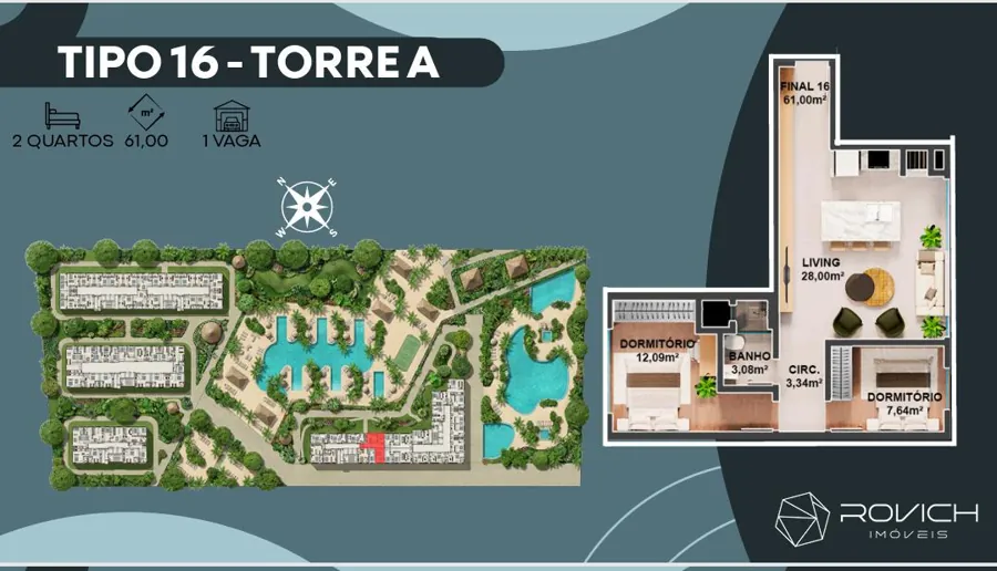 Tipo 16 · Torre A · 2 quartos · 61 m²